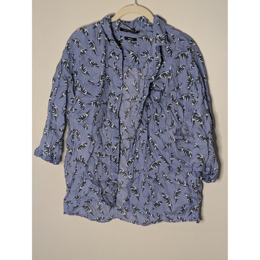 Monoprix Femme Blue 100% Linen Leaf Button Down Shirt 3/4 Sleeve Top Size 2